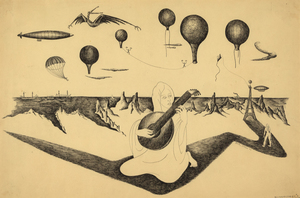 DOROTHY DEHNER - Balloon Ascension #3: Dithyrambe Played by the Ashraf - ink on paper - 17 1/2 x 26 in.