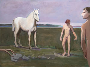WILLIAM THEOPHILUS BROWN - Horse with Swimmers at Beach - acrylic on canvas - 36  x 48 in.