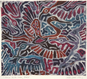 JAE KON PARK - 春天的鸟 - 织物上的蜡染 - 10 3/4 x 12 1/4 in.