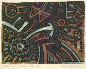 JAE KON PARK - El Misterio de América - batik sobre tela - 6 x 8 1/4 in.
