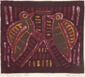 JAE KON PARK - Oiseau deux fois dessiné - batik sur tissu - 10 1/2 x 12 po.