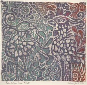 JAE KON PARK - A propos de la Corée antique - batik sur tissu - 11 3/4 x 12 1/2 po.