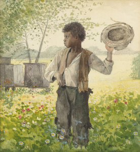"The Busy Bee" (1875), demonstrates Homer's influential excellence in watercolor. He began working in the medium in 1873, painting scenes of children and the daily lives of everyday people. Homer's prolific work in watercolor helped to establish it as a serious artistic medium.<br><br>This piece is from the reconstruction era and depicts a single figure. The boy depicted in "The Busy Bee" is a model that appears repeatedly in Homer's work from this period, including some of the most widely celebrated reconstruction era paintings like "Dressing for the Carnival" (1877) at the Metropolitan Museum of Art. Nearly all of Homer’s works from the reconstruction era south are in museum collections. Another painting of the same model, "Taking Sunflower to Teacher" (1875), is in the Georgia Museum of Art.<br><br>This work is available from a private collection where it has stayed for the last 25 years. It has been exhibited widely beginning in 1876 at the National Academy of Design in New York and going on to be exhibited throughout the 20th century at major American museums such as The Metropolitan Museum in New York, the Whitney Museum of American Art, the Los Angeles County Museum of Art, and The Amon Carter Museum of American Art in Fort Worth, Texas.