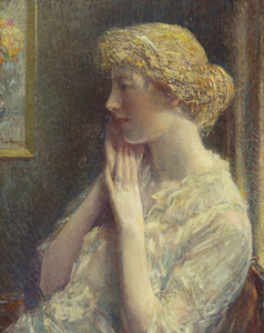 "The Ash Blonde" (1918) has remained in the same private collection for nearly 30 years. A superb portraitist, Childe Hassam expertly captures the emotion and character of his subject in the present work. The sitter's facial expression is depicted with an accuracy and nuanced attention to detail that is reminiscent of the Dutch Old Masters, specifically Rembrandt. Painted just one year after his seminal masterpiece in the White House collection, "The Avenue in the Rain" (1917), this portrait is a brilliant counterpoint to the artist's cityscapes.  <br><br>Hassam is represented in numerous museum collections, including the Metropolitan Museum of Art in New York, The National Gallery in Washington, D.C., The Museum of Fine Arts, Boston, and The Brooklyn Museum.