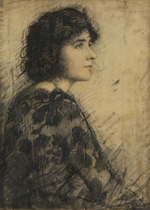 MAX WIECZOREK - Girl in Mantilla - charcoal and pastel on board - 25 1/4 x 18 1/4 in.