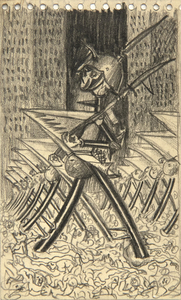 IRVING NORMAN - Sin título (Estudio de la Guerra) - grafito sobre papel - 6 x 3 1/2 pulgadas.