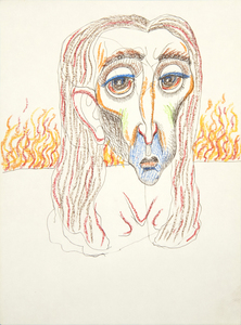 אירווינג נורמן - ללא כותרת (ראש עם אש) - גרפיט ועפרון על נייר - 12 x 8 7/8 אינץ'.