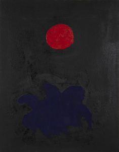 Gottlieb was a first-generation member of the Abstract Expressionists. “Blue on Black” is from his trademark “Burst” series. Like fellow Ab Ex artists including Pollock who settled into their signature style late in their careers, it was not until 1956 that Gottlieb focused on these burst paintings.&lt;br&gt;&lt;br&gt;This painting showcases the lyricism that he found within the “Burst” paintings by simplifying color and form. In this painting, the shapes and color coalesce to produce harmony and depth within the visual landscape of the canvas.&lt;br&gt;&lt;br&gt;Gottlieb had an amazing 56 solo exhibitions during his long career and his works are included in over 140 museums throughout the world.