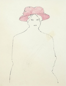 ANDY WARHOL - ピンクの帽子を被った女性 - 紙にインクとテンペラ - 10 5/8 x 8 in.