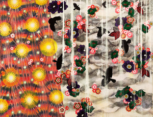 MERION ESTES - Local Color - collage de tissus, peinture en aérosol, acrylique sur toile - 78 x 103 in.