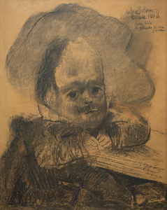 FERNANDO BOTERO - Autoretrato a la manera de Velázquez - 纸板上的红色和蜡笔 - 60 1/2 x 47 1/2 in.