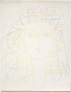 Françoise Gilot was Picasso's muse and lover for nearly a decade beginning in 1946, the year he created this drawing. She became an iconic recurring image in the artist's work, reinvigorating his practice with a sense of joy after the dark period of World War II, and many of these portraits remained in his collection for the rest of his life. Picasso often drew Gilot from memory, thereby rendering her as more of a symbol or an ideal than as a model. As Michael Fitzgerald notes, “Picasso's portraits of Françoise were not drawn from life…unlike in the cases of Picasso's other wives and mistresses, there are almost none that reproduce her features strictly" (Michael Fitzgerald, "A Triangle of Ambitions: Art, Politics, and Family during the Postwar Years with Françoise Gilot," in Picasso and Portraiture, London, 1996, p. 416). On the significance of Gilot to this period for Picasso, Frank Elgar writes, "the portraits of Françoise Gilot have a Madonna-like appearance, in contrast to the tormented figures he was painting a few years earlier" (Frank Elgar, Picasso, New York, 1972, p. 123).