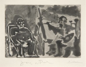 PABLO PICASSO - Peintre avec Modele Barbu Assis sur une Chaise - aquatint with scraper and drypoint printed on wove Richard de Bas with Auvergene watermark - 12 3/4 x 17 7/8 in. in.