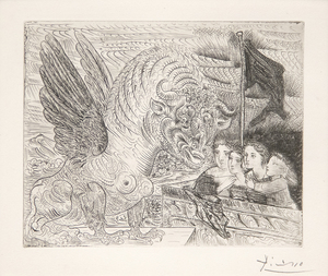 PABLO PICASSO - Harpye a tete de Taureau, et quatre petites filles sur une tour surmontee d'un drapeau noir (Harpye  - etching on Montval laid paper - 15 1/4 x 19 5/8 in.