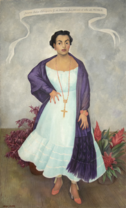 <br>In Diego Rivera’s portrait of Enriqueta Dávila, the artist asserts a Mexicanidad, a quality of Mexican-ness, in the work along with his strong feelings towards the sitter. Moreover, this painting is unique amongst his portraiture in its use of symbolism, giving us a strong if opaque picture of the relationship between artist and sitter.<br><br>Enriqueta, a descendent of the prominent Goldbaum family, was married to the theater entrepreneur, José María Dávila. The two were close friends with Rivera, and the artist initially requested to paint Enriqueta’s portrait. Enriqueta found the request unconventional and relented on the condition that Rivera paints her daughter, Enriqueta “Quetita”. Rivera captures the spirit of the mother through the use of duality in different sections of the painting, from the floorboards to her hands, and even the flowers. Why the split in the horizon of the floorboard? Why the prominent cross while Enriqueta’s family is Jewish? Even her pose is interesting, showcasing a woman in control of her own power, highlighted by her hand on her hip which Rivera referred to as a claw, further complicating our understanding of her stature.<br><br>This use of flowers, along with her “rebozo” or shawl, asserts a Mexican identity. Rivera was adept at including and centering flowers in his works which became a kind of signature device. The flowers show bromeliads and roselles; the former is epiphytic and the latter known as flor de jamaica and often used in hibiscus tea and aguas frescas. There is a tension then between these two flowers, emphasizing the complicated relationship between Enriqueta and Rivera. On the one hand, Rivera demonstrates both his and the sitter’s Mexican identity despite the foreign root of Enriqueta’s family but there may be more pointed meaning revealing Rivera’s feelings to the subject. The flowers, as they often do in still life paintings, may also refer to the fleeting nature of life and beauty. The portrait for her daughter shares some similarities from the use of shawl and flowers, but through simple changes in gestures and type and placement of flowers, Rivera illuminates a stronger personality in Enriqueta and a more dynamic relationship as filtered through his lens.<br><br>A closer examination of even her clothing reveals profound meaning. Instead of a dress more in line for a socialite, Rivera has Enriqueta in a regional dress from Jalisco, emphasizing both of their Mexican identities. On the other hand, her coral jewelry, repeated in the color of her shoes, hints at multiple meanings from foreignness and exoticism to protection and vitality. From Ancient Egypt to Classical Rome to today, coral has been used for jewelry and to have been believed to have properties both real and symbolic. Coral jewelry is seen in Renaissance paintings indicating the vitality and purity of woman or as a protective amulet for infants. It is also used as a reminder, when paired with the infant Jesus, of his future sacrifice. Diego’s use of coral recalls these Renaissance portraits, supported by the plain background of the painting and the ribbon indicating the maker and date similar to Old Master works.<br><br>When combined in the portrait of Enriqueta, we get a layered and tense building of symbolism. Rivera both emphasizes her Mexican identity but also her foreign roots. He symbolizes her beauty and vitality but look closely at half of her face and it is as if Rivera has painted his own features onto hers. The richness of symbolism hints at the complex relationship between artist and sitter.