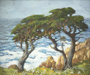 MARY DENEALE MORGAN - Twin Cypress - gouache on paper - 20 x 24 in.