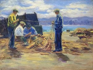 LILLIE MAY NICHOLSON - 渔民补网 - 板上油画 - 12 x 15 7/8 英寸。