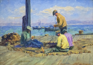 LILLIE MAY NICHOLSON - Fishermen Mending Nets, Monterey - oil on canvas mounted on panel - 11 x 15 5/8 in.