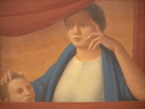 Figurative painting in Post-War American art was a counterpoint to the prevalent trend of Abstract Expressionism. Artists like George Tooker added elements of Freudian psychology and psychological suspense in their visions of contemporary life. "Woman and Child" (2000) depicts one of the artist's favored subjects, the theatre loggia. The visual motif of a mother and child is analogous to the Madonna and Child, a prominent theme among Renaissance painters, and Tooker's egg-tempera medium evokes the formal aspects of Renaissance painting. <br><br>Early studies at the Art Students League in New York served as the foundation for Tooker's mastery of the painting medium. His work is included in important museum collections, including the Smithsonian American Art Museum and the Metropolitan Museum of Art, New York.