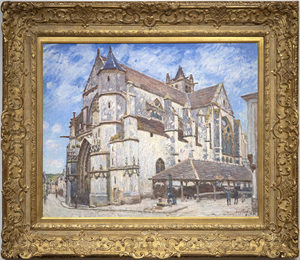 Between Île-de-France and Burgundy and on the edge of the Fontainebleau Forest lies the medieval village of Moret-sur-Loing, established in the 12th century. When Alfred Sisley described its character to Monet in a letter dated 31 August 1881 as “a chocolate-box landscape…” he meant it as a memento of enticement; that its keep, the ramparts, the church, the fortified gates, and the ornate facades nestled along the river were, for a painter, a setting of unmatched charm. An ancient church, always the most striking townscape feature along the Seine Valley, would be a presence in Sisley’s townscape views as it was for Corot, and for Monet at Vétheuil. But unlike Monet whose thirty views of Rouen Cathedral were executed so he could trace the play of light and shadow across the cathedral façade and capture the ephemeral nature of moment-to-moment changes of light and atmosphere, Sisley set out to affirm the permanent nature of the church of Notre-Dame at Moret-sur-Loing.  Monet’s sole concern was air and light, and Sisley’s appears to be an homage keepsake. The painting exudes respect for the original architects and builders of a structure so impregnable and resolute, it stood then as it did in those medieval times, and which for us, stands today, as it will, for time immemorial.
<br>
<br>Nevertheless, Sisley strived to show the changing appearance of the motif through a series of atmospheric changes. He gave the works titles such as “In Sunshine”, “Under Frost”, and “In Rain” and exhibited them as a group at the Salon du Champ-de-Mars in 1894, factors that suggest he thought of them as serial interpretations. Nevertheless, unlike Monet’s work, l’église de Moret, le Soir reveals that Sisley chose to display the motif within a spatial context that accentuates its compositional attributes — the plunging perspective of the narrow street at left, the strong diagonal recession of the building lines as a counterbalance to the right, and the imposing weight of the stony building above the line of sight.