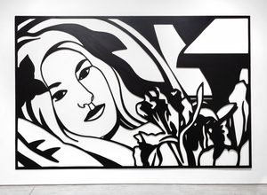 TOM WESSELMANN - 卧室里的黑发女郎与鸢尾花 - 油画在镂空铝板上 - 105 3/4 x 164 5/8 英寸。