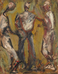 “Home” (1953) was painted during the pinnacle of the Abstract Expressionist movement. However, the present work rejects complete abstraction and retains three figures as the subject of the composition.  Elaine De Kooning was a master of observation; “Home” is a powerful study of composition and form. The figures are portrayed with painterly brushwork, as de Kooning was a master of utilizing the power of thick brushwork as an emotive tool. Prior to the revolution of Abstract Expressionism, feeling and emotion in art were primarily conveyed through facial expressions and traditional memes.  Today, Elaine De Kooning’s matter-of-fact and direct style is widely accepted as a significant contribution to the development of American Art in the Twentieth Century.