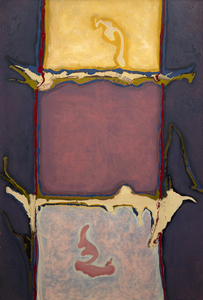 Along with Jackson Pollock, Barnett Newman, and Willem de Kooning, Theodoros Stamos was part of the first generation of Abstract Expressionists. Like Newman, Stamos explored the possibilities of color which he combined with studies of light and location.<br><br>This painting represents Stamos’s fascination with color, pushing both the surface and symbolic qualities in their placement and geometry. Within the canvas, one can see subtle influences of “primitive” or “mythological” shapes which pushes the viewer to consider their relation to both the painting in front of them and their place within a larger cosmos.<br><br>The work is part of his Lefkada series, named after a Greek island. It is a nod to both Stamos’s Greek heritage (his father came from Lefkada) and to where he spent half of the year each year after 1976. The Lefkada series speaks to the mythological aspects of the canvas, and the influence of location on his process. <br><br>Stamos was also an important teacher, having taught at the famed Black Mountain College where one of his students was Kenneth Noland