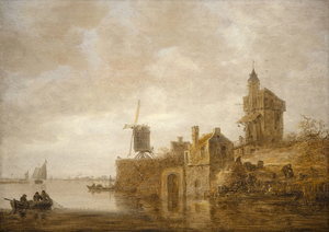 JAN JOSEPHSZOON VAN GOYEN-River Landscape with a Windmill and Chapel