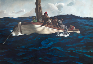 According to the catalogue raisonné compiled by The Brandywine River Museum of Art, the preliminary drawing for Puritan Cod Fishers was completed by N. C Wyeth prior to his death in October 1945. The entry records an image of the sketch as well as the artist’s inscriptions and its title, Puritan Cod Fishers, characterized by the catalogue as ‘alternate’. In either case, the large-scale canvas is a unique work that Andrew Wyeth later recalled was painted solely by his hand, a demarcated collaboration of the father’s design and composition brought to fruition by a remarkable son’s execution. For Andrew, it must have been a deeply felt and emotional experience. Given his father’s attention to detail and authenticity, the lines of the small sailing craft represent a shallot, in use during the sixteenth century. On the other hand, Andrew likely deepened the hues of the restless sea more so than his father might have, a choice that appropriately heightens the perilous nature of the task.