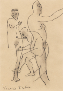 FRANCIS PICABIA - Trois personnages nus - schwarze Konterfei-Kreide auf chamoisfarbenem Papier - 11 1/2 x 8 in.