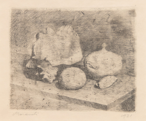 GIORGIO MORANDI-Natura morta con zuccheriera conchigle e frutto