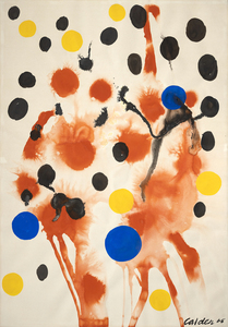 Alexander Calder's Rouge Mouille (Wet Red) features a background of red circles, some dispersing like explosions, creating a sense of energetic expansion, and others running downward as if streaming trails of a firework display. This animated backdrop is adorned with numerous opaque round balls, predominantly black, but interspersed with striking blue, red, and subtle yellow spheres. The strategic placement of the colorful spheres against the explosive reds captures the awe and spectacle of a fireworks show, transforming the painting into a visual metaphor for this dazzling and celebratory event. The artwork resonates with excitement and vibrancy, encapsulating its ephemeral beauty in a static medium.