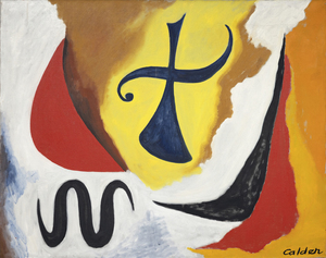 Alexander Calder executed a surprising number of oil paintings during the second half of the 1940s and early 1950s. By this time, the shock of his 1930 visit to Mondrian’s studio, where he was impressed not by the paintings but by the environment, had developed into an artistic language of Calder’s own. So, as Calder was painting The Cross in 1948, he was already on the cusp of international recognition and on his way to winning the XX VI Venice Biennale’s grand prize for sculpture in 1952. Working on his paintings in concert with his sculptural practice, Calder approached both mediums with the same formal language and mastery of shape and color.<br><br>Calder was deeply intrigued by the unseen forces that keep objects in motion. Taking this interest from sculpture to canvas, we see that Calder built a sense of torque within The Cross by shifting its planes and balance. Using these elements, he created implied motion suggesting that the figure is pressing forward or even descending from the skies above. The Cross’s determined momentum is further amplified by details such as the subject’s emphatically outstretched arms, the fist-like curlicue vector on the left, and the silhouetted serpentine figure.<br><br>Calder also adopts a strong thread of poetic abandon throughout The Cross’s surface. It resonates with his good friend Miró’s hieratic and distinctly personal visual language, but it is all Calder in the effective animation of this painting’s various elements. No artist has earned more poetic license than Calder, and throughout his career, the artist remained convivially flexible in his understanding of form and composition. He even welcomed the myriad interpretations of others, writing in 1951, “That others grasp what I have in mind seems unessential, at least as long as they have something else in theirs.”<br><br>Either way, it is important to remember that The Cross was painted shortly after the upheaval of the Second World War and to some appears to be a sobering reflection of the time. Most of all, The Cross proves that Alexander Calder loaded his brush first to work out ideas about form, structure, relationships in space, and most importantly, movement.