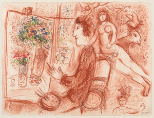 MARC CHAGALL - L&#039;atelier - crayon de cire, pastel et sanguine sur papier - 20 x 26 1/2 in.