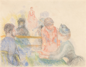 Between 1895 to 1905, counterproofs of Renoir’s pastels were created by lithographer Auguste Clot at the behest of Parisian art dealer Ambroise Vollard. The process is easy to understand. A damp sheet of tissue-thin Japan paper is applied over a pastel drawing and the two sheets are passed through a lithographic press. The counterproof, a mirror image is softer in tone and of enhanced ethereal qualities. The present example is based on the original pastel study for Renoir’s most celebrated masterpiece, Moulin de la Galette completed by 1876 and now in the collection of Musée d’Orsay in Paris.  When Vollard died in 1939, the collection was acquired by Henri Petiet, subsequently descended through his family, and in 2005, thirty-four of the re-discovered counterproofs were exhibited for the first time in a century in Renoir: The Pastel Counterproofs, held at Adelson Galleries in New York. The original pastel for this counterproof is presently in the National Museum, Belgrade, Serbia and illustrated in its catalogue, The Unknown Degas and Renoir in the National Museum of Belgrade.