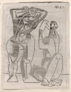 Although linocuts form a relatively small part of Picasso's output as a printmaker (approximately 150 prints from a total exceeding two thousand), Femmes au Miroir, executed in 1956 is among his earliest and most outstanding compositions by this method. The present example is from a group of prints which has come to be known as épreuves rincées (rinsed proofs) produced shortly before he abandoned the linocut process by 1964. Rincées are created by printing the linoleum block in creamy white ink, brushing the printed impression with black China ink, and once dried, rinsed with water. It is an ingenious, unusual technique that replicates the delicate quality of brushed ink drawings and Picasso loved the serendipitous nature it. Whether printed in the traditional manner or as épreuves rincées, the Baer catalogue raisonné records the existence of only a handful of Femmes au Miroir impressions. Based on the citation in Baer and the Galerie Leiris label on verso, this is the fifth of five rincée listed by Baer. The condition is excellent.
