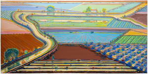 When forty rural Sacramento Delta landscapes by Wayne Thiebaud were unveiled at a San Francisco gallery opening in November 1997, attendees were amazed by paintings they never anticipated. This new frontier betrayed neither Thiebaud’s mastery of confectionary-shop colors nor his impeccable eye for formal relationships. Rather, his admirers were shocked to learn that all but seven of these forty interpretations had been completed in just two years. As his son Paul recalled, “the refinements of my father’s artistic process were ever changing in a chameleon-like frenzy.” The new direction had proved an exhilarating experience, each painting an affirmation of Wayne Thiebaud’s impassioned response to the fields and levees of the local environment he dearly loved. 
<br>
<br>Viewed from the perspective of a bird or a plane, The Riverhouse is an agrarian tapestry conceived with a kaleidoscopic range of shapes and simple forms; fields striped with furrows or striated fans, deliriously colored parallelograms and trapezoids, an orchard garnished pizza-shaped wedge, and a boldly limned river, the lifeline of a thirsty California central valley largely dependent upon transported water.
<br>
<br>The Riverhouse is a painting that ‘moves’ between seamlessly shifting planes of aerial mapping that recalls Richard Diebenkorn’s stroke of insight when he took his first commercial flight the spring of 1951, and those partitions engaging a more standard vanishing point perspective. Thiebaud explained his process as “orchestrating with as much variety and tempo as I can.” Brightly lit with a fauve-like intensity, The Riverhouse is a heady concoction of vibrant pigment and rich impasto; one that recalls his indebtedness to Pierre Bonnard whose color Thiebaud referred to as “a bucket full of hot coals and ice cubes.” Among his many other influences, the insertion of objects — often tiny — that defy a rational sense of scale that reflects his interest in Chinese landscape painting.
<br>
<br>As always, his mastery as a painter recalls his titular pies and cakes with their bewitching rainbow-like halos and side-by-side colors of equal intensity but differing in hues to create the vibratory effect of an aura, what Thiebaud explained “denotes an attempt to develop as much energy and light and visual power as you can.” Thiebaud’s Sacramento Delta landscapes are an integral and important part of his oeuvre. Paintings such as The Riverhouse rival the best abstract art of the twentieth century. His good friend, Willem de Kooning thought so, too.
