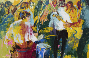 LEROY NEIMAN - Polanski on the Drums at Dolly’s - oil on board - 48 1/2 x 72 1/2 in.