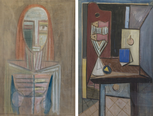 WIFREDO LAM - דיוקן / La Table I, מטבע ד'אטלייה - טמפרה על נייר (דו צדדי) - 38 x 24 3/4 אינץ '.