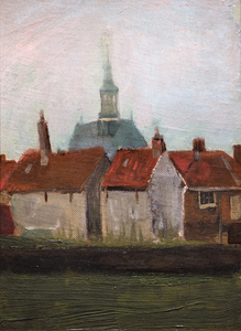 فنسنت فان جوخ - الكنيسة الجديدة والمنازل القديمة في لاهاي - زيت على قماش على لوحة - 13 5/8 × 9 3/4 بوصة.