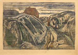 إدوارد مونش - منزل على الساحل الأول - نقش خشبي على ورق منسوج مع إضافات يدوية بالألوان المائية للفنان - 16 × 23 بوصة.