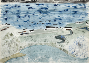 MILTON AVERY - Village by the Sea - watercolor, reed pen and pencil on paper - 21 1/2 x 30 1/4 in.