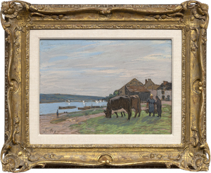 ألفريد سيسلي - Vaches au paturage sur les bords de la Seine - باستيل على ورق - 11 1/4 × 15 1/2 بوصة.