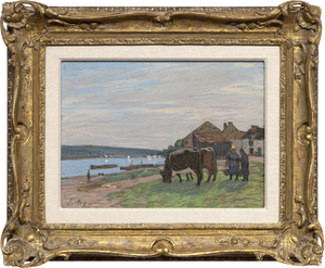 אלפרד סיסלי - Vaches au paturage sur les bords de la Seine - פסטל על נייר - 11 1/4 x 15 1/2 אינץ'