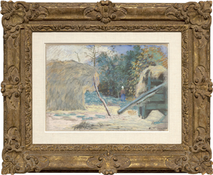 CAMILLE PISSARRO - Paysage avec batteuse a Montfoucault - פסטל על נייר מונח על הלוח - 10 3/8 x 14 3/4 אינץ '.