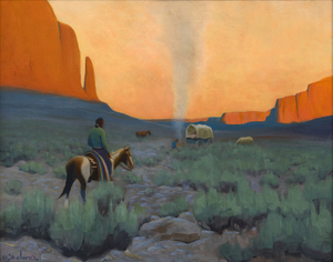 GERARD CURTIS DELANO - Navajo Camp - Öl auf Platte - 23 1/2 x 29 1/2 Zoll.