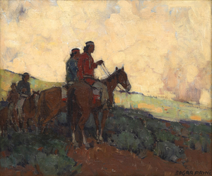 EDGAR ALWIN PAYNE - Navajos en descanso - óleo sobre lienzo - 19 1/2 x 23 1/2 pulg.