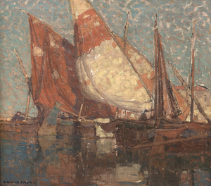 إدغار ألوين باين - قوارب البندقية في سوتو مارينو - زيت على لوحة - 23 3/8 × 26 1/4 بوصة.