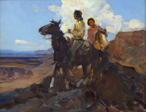 <div><font face="Times New Roman" size=3 color="#0E101A">Frank Tenney Johnson began his career as an illustrator for <em>Field and Stream</em> Magazine in 1904. Johnson lived in New York City from 1904 until 1920; however, he traveled to the great American West to gather source material for his studio work. </font></div>
<br>
<br><div> </div>
<br>
<br><div><font face="Times New Roman" size=3 color="#0E101A">Johnson's 1912 trip to the Montana Blackfoot Reservation with Charles Russell was a pivotal moment for the artist; after this trip, he settled in Colorado for many years. After a brief return to California, the artist spent many years in his new studio in Cody, Wyoming.  </font></div>
<br>
<br><div> </div>
<br>
<br><div><font face="Times New Roman" size=3 color="#0E101A">Works from this period gained Johnson the titles the "Master of American Moonlight Painting" and "Master Painter of the Old West." The painting "Scouting" shows an idyllic native scene; Johnson's firsthand studies and experiences with Native people were a recurrent theme in his work.  </font></div>