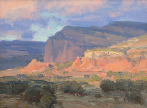 Aspevig is a native Montanan, born in 1951, whose obvious talent as a realistic landscape painter brought recognition and prestigious awards, including the Frederick Remington Award and the Robert M. Lougheed Memorial Award given by the National Cowboy Hall of Fame. His paintings are welcomed additions at all major auction houses specializing in Western art and have sold for more than $100,000. Largely self-taught, Aspevig has adopted a varied approach to detail, vantage points, palette subtleties, and composition. He revels in painting en plein air and 'the immediacy of being in the landscape, absorbing its uniqueness, light, terrain, coloration.' This painting, a deep-set, resplendent view of the Grand Canyon, is a large painting on a small canvas panel, beautifully rendered, conveying the earth's deep structure and the marvel of its expanses.
